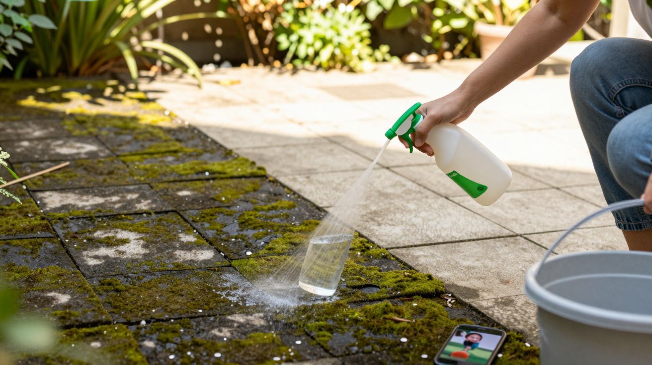 Pessoa a pulverizar água numa calçada com musgo, junto a um balde e telemóvel no chão.