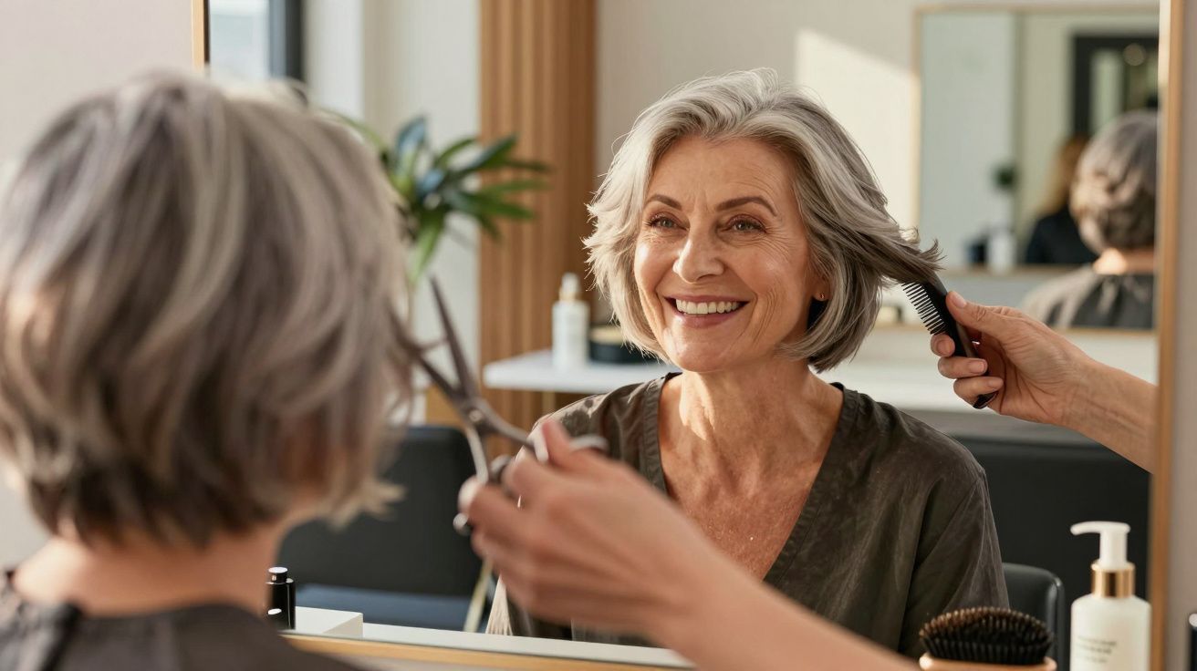 Mulher madura sorridente penteia cabelo cinzento curto frente ao espelho num salão de cabeleireiro.