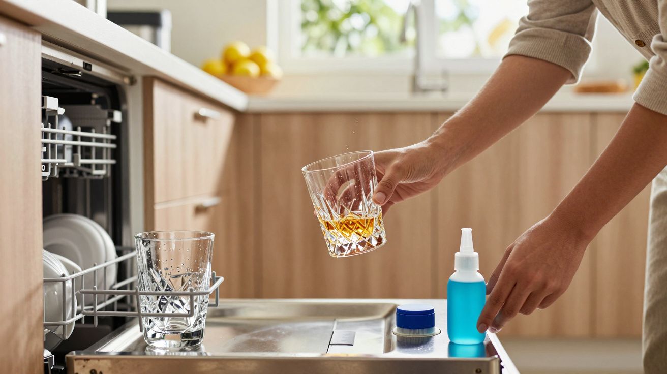 Pessoa a colocar copo com líquido num lava-louças aberto numa cozinha moderna.