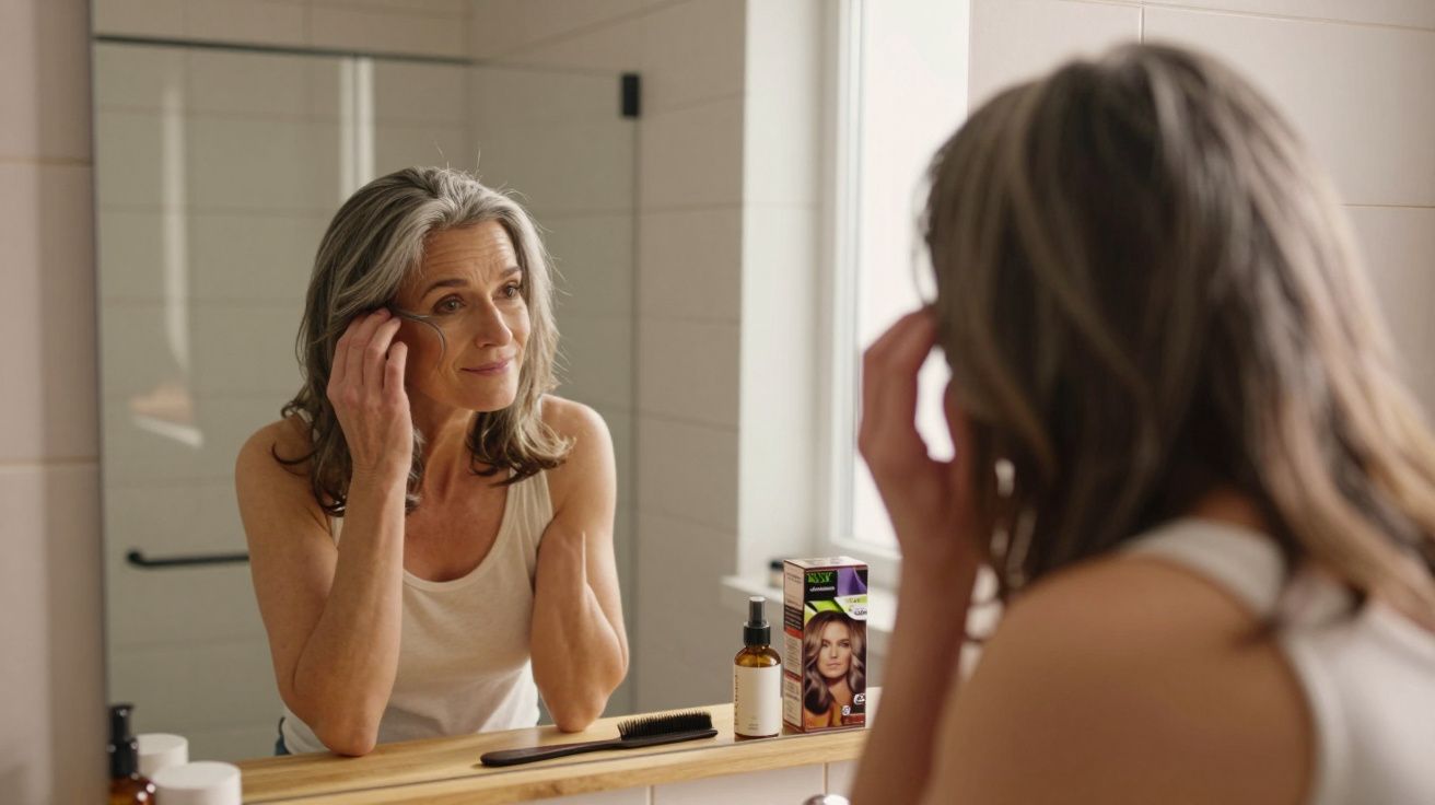 Mulher madura num banho a aplicar tintura de cabelo enquanto se olha ao espelho.