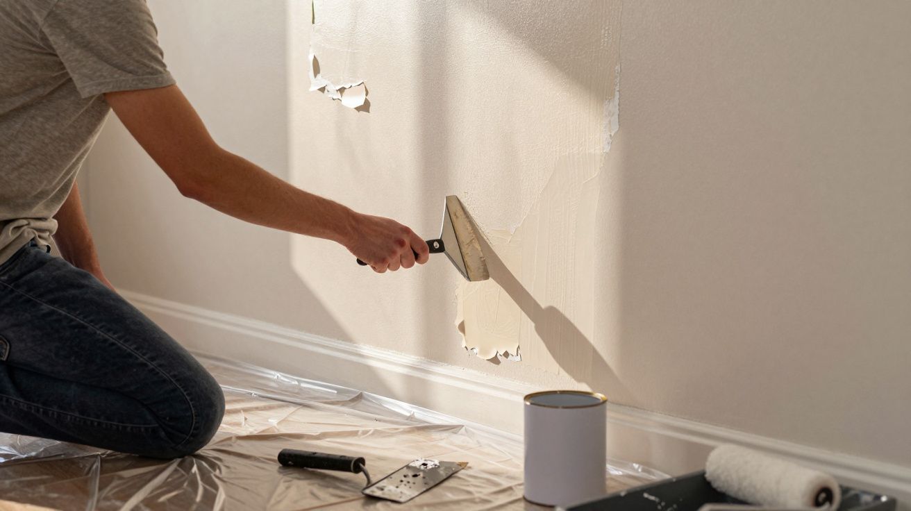 Pessoa a aplicar massa para nivelar parede danificada numa divisão com ferramentas e rolo de pintura no chão.