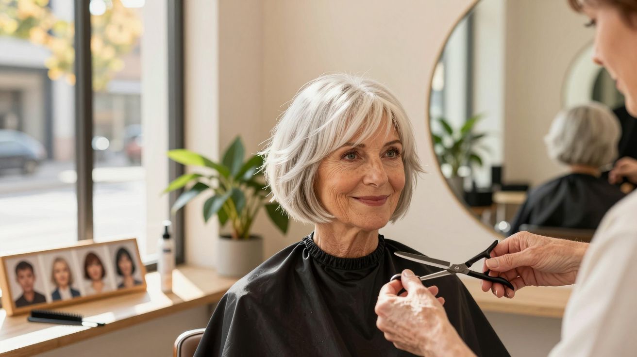 Senhora idosa com cabelo branco curto a sorrir enquanto estilista se prepara para cortar o cabelo num salão.