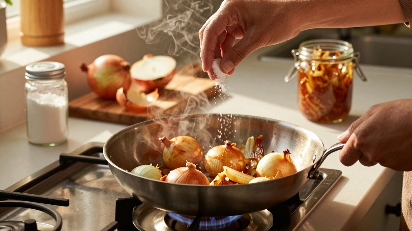 Mãos a temperar cebolas inteiras a cozinhar numa frigideira sobre um fogão a gás numa cozinha iluminada.