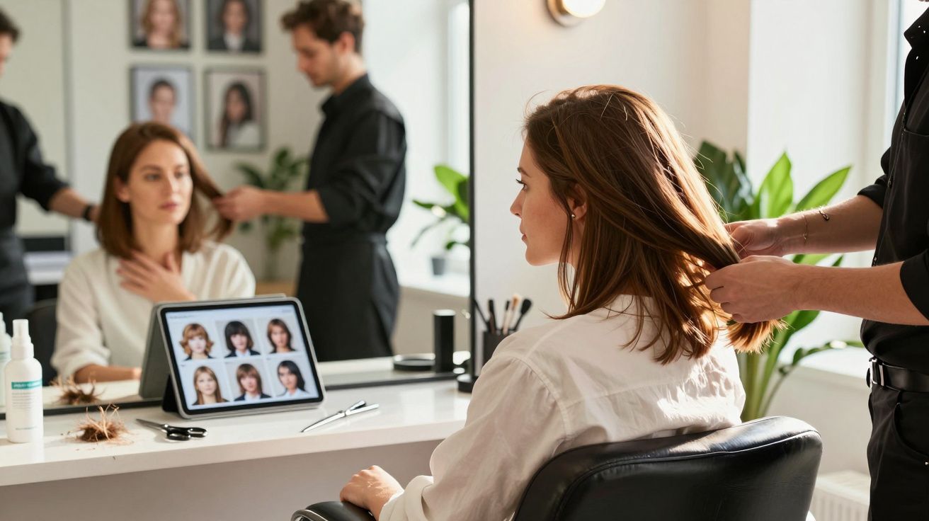 Mulher sentada no cabeleireiro a escolher penteado com profissional a segurar o seu cabelo.