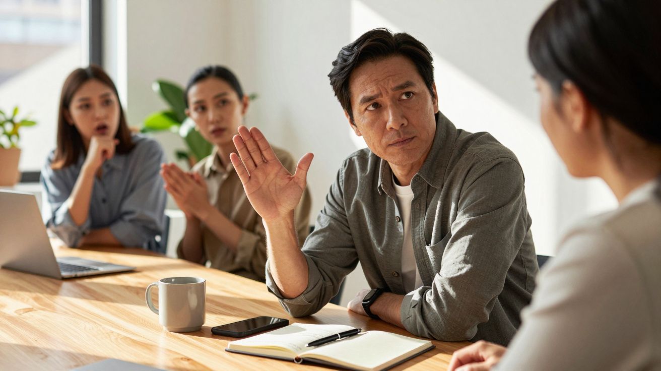 Homem gesticulando numa reunião de trabalho com três colegas sentados à mesa, atentos à conversa.