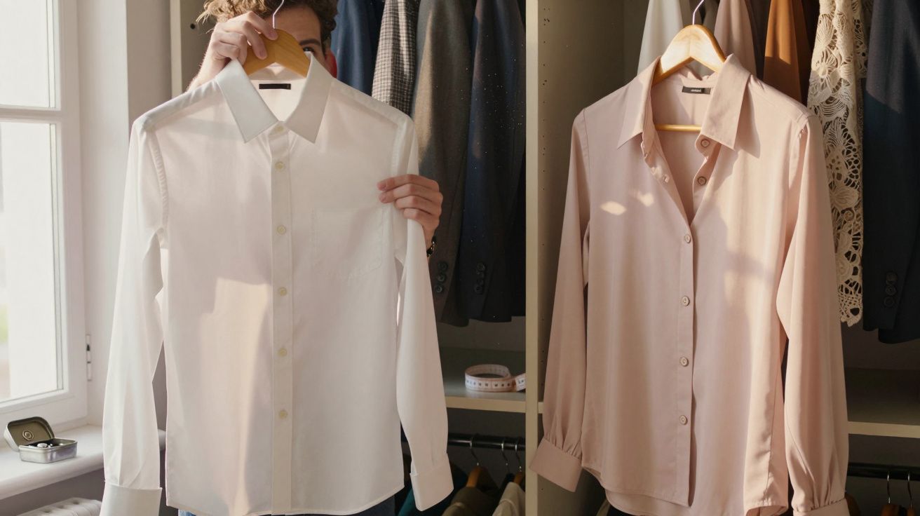 Pessoa segura camisa branca numa arrecadação com várias roupas penduradas.