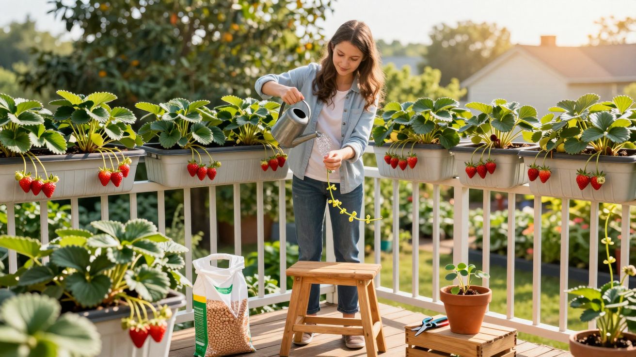 Jovem a regar plantas com morangos em vasos numa varanda ao ar livre numa tarde ensolarada.