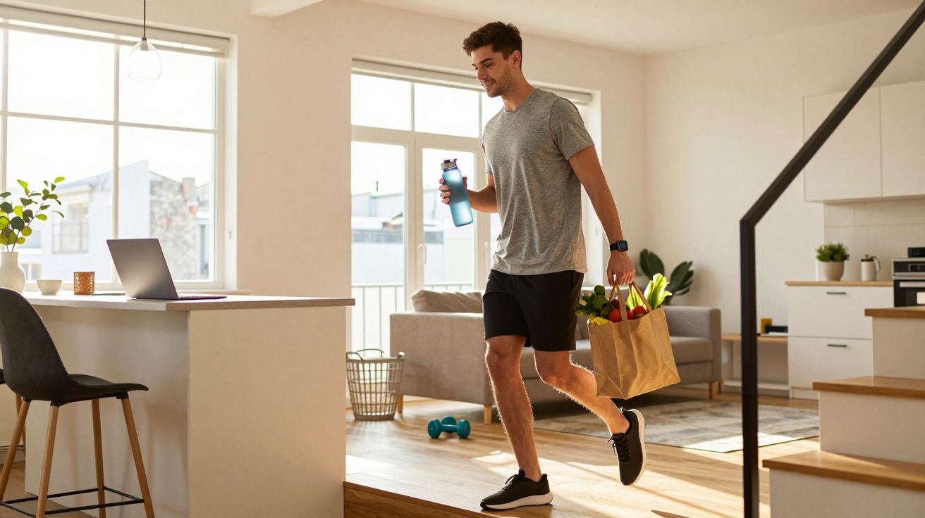 Homem jovem a caminhar em casa com garrafa de água e saco de compras com legumes frescos.