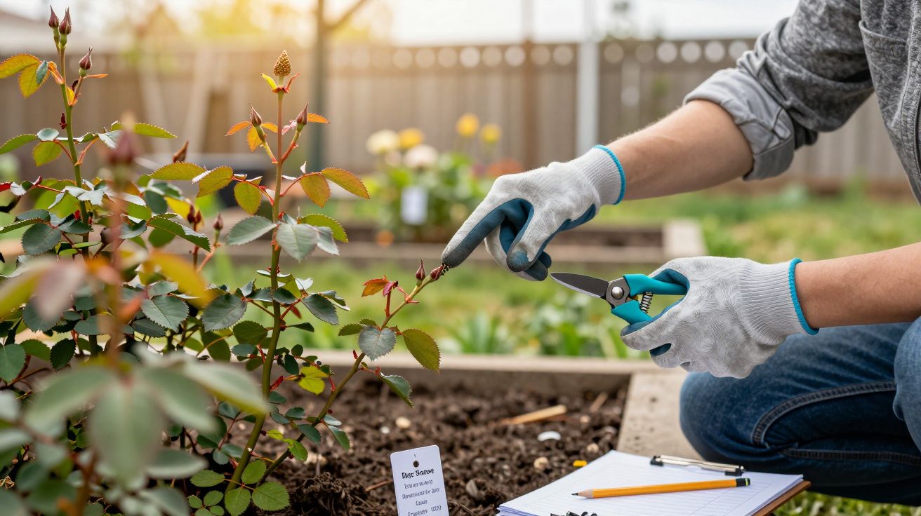 Pessoa com luvas poda ramo de roseira num jardim, ao lado de folha e bloco de notas com lápis.