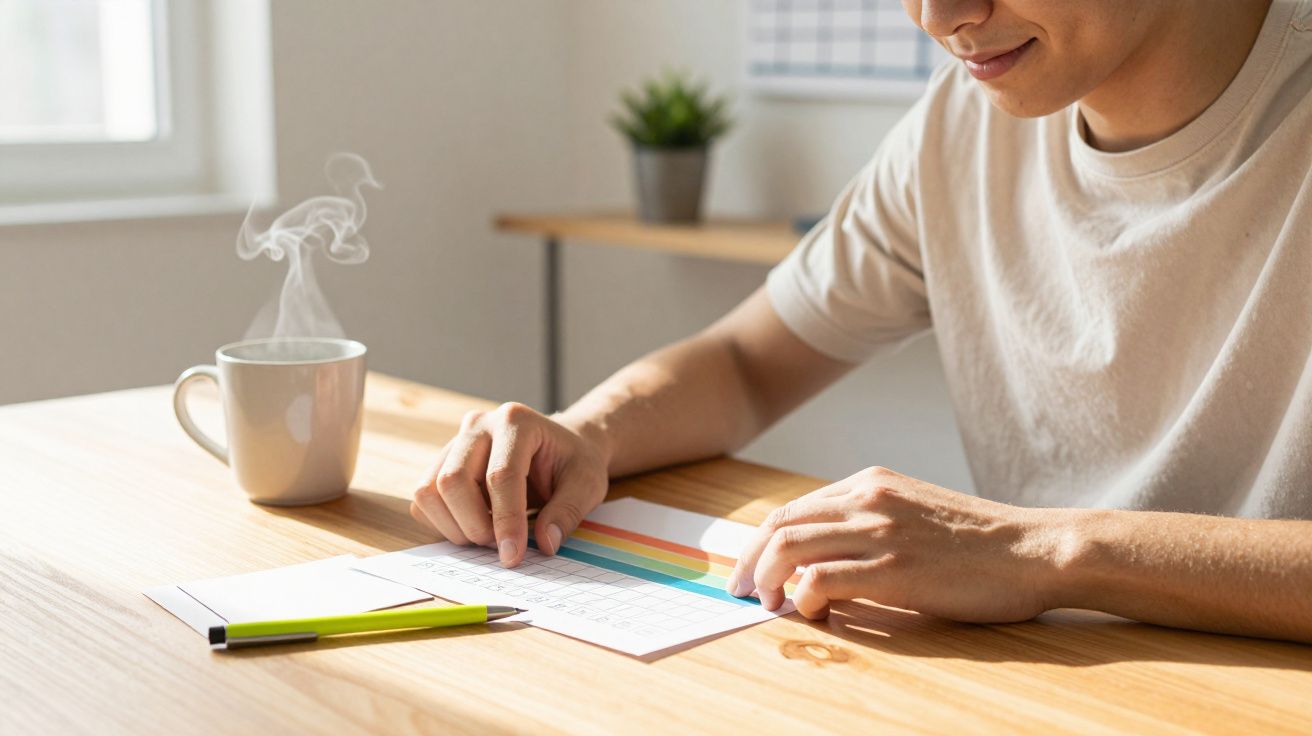 Pessoa a sorrir enquanto lê um documento colorido numa mesa de madeira com chá quente ao lado.