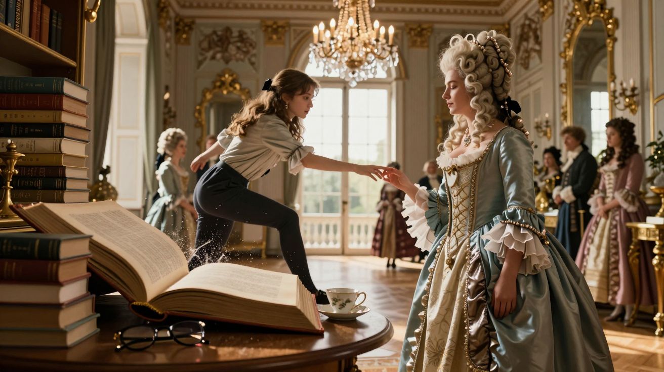 Sala luxuosa com mulher vestida à moda do século XVIII segurando a mão de jovem que salta de livro aberto.