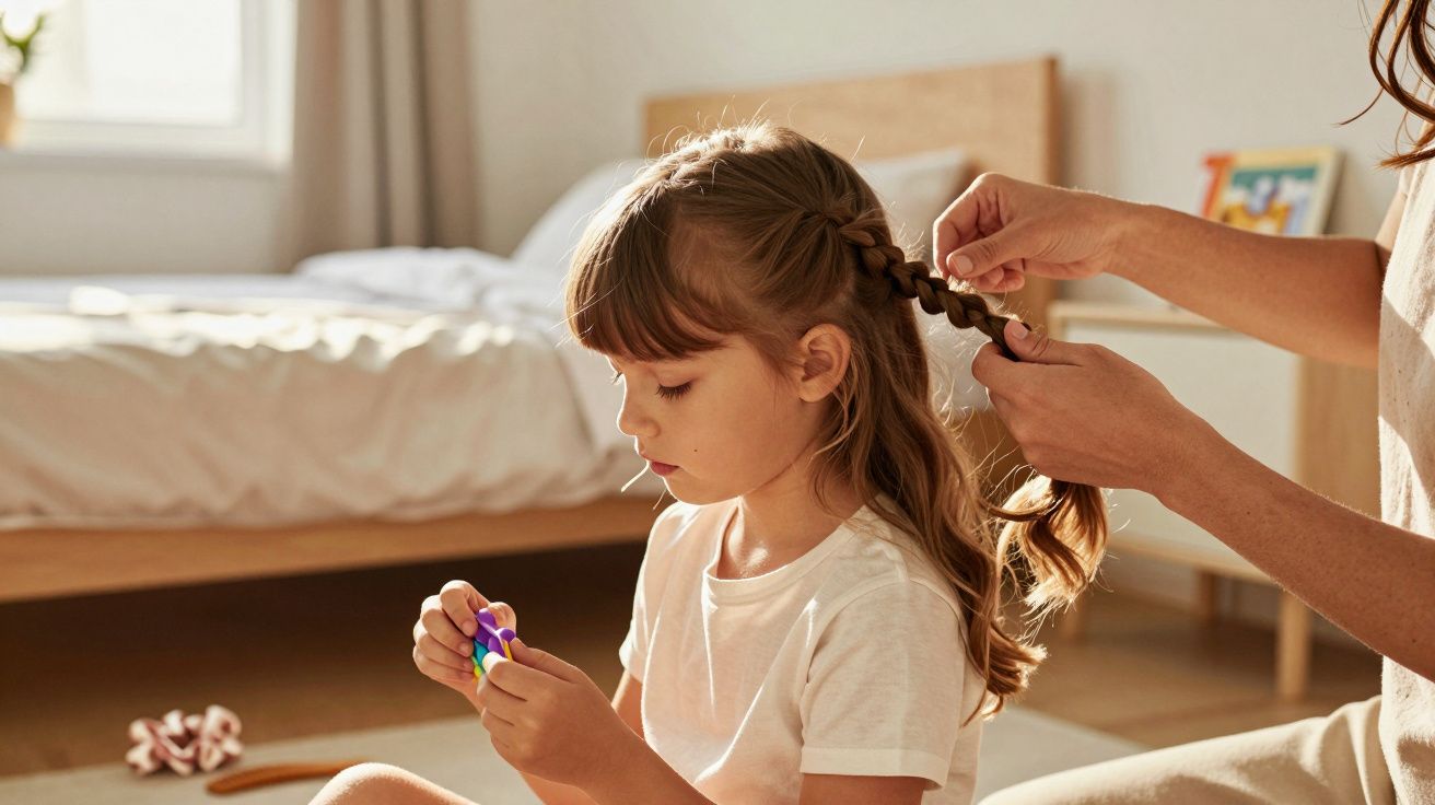 Criança sentada enquanto alguém faz uma trança no seu cabelo num quarto iluminado pelo sol.