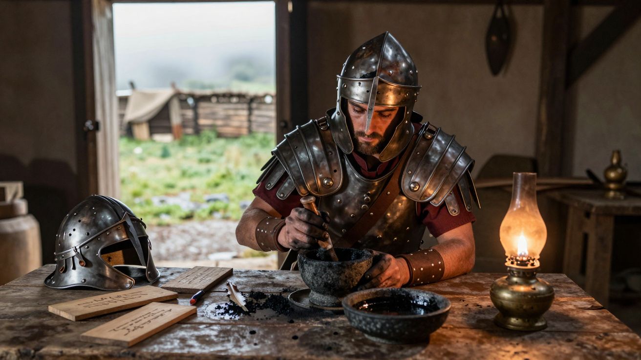 Homem com armadura medieval prepara mistura negra numa tigela dentro de casa rústica iluminada por lamparina.