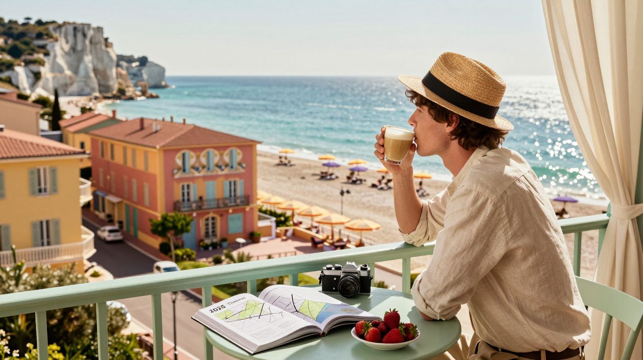 Homem de chapéu a beber café no terraço com vista para praia, guarda-sóis e casas coloridas.