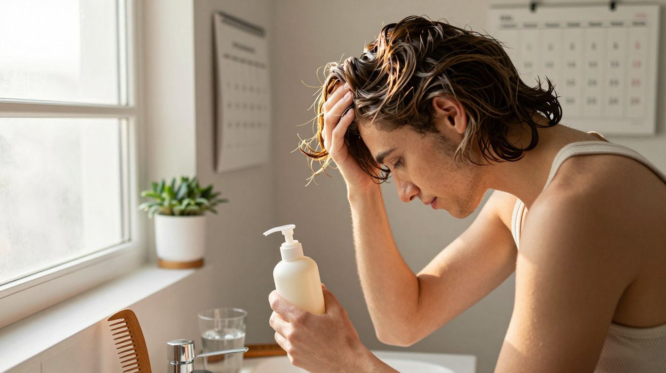 Jovem com cabelo molhado a olhar para frasco de produto na casa de banho junto a janela e calendário.