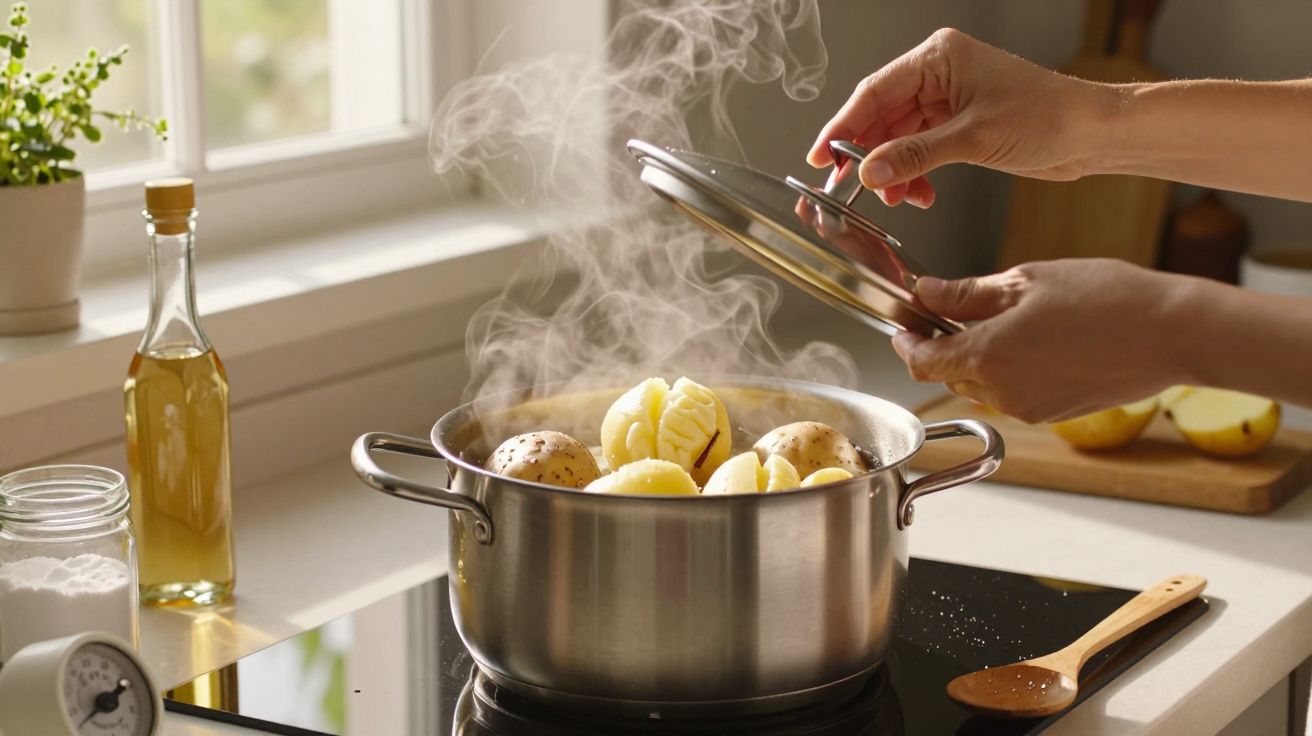 Mãos a levantar tampa de panela com batatas a cozer e vapor a sair numa cozinha luminosa.