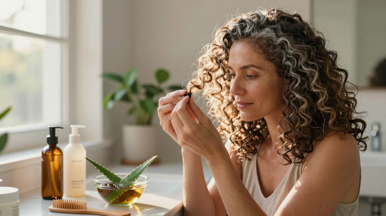 Mulher com cabelo encaracolado a cuidar das pontas do cabelo num ambiente luminoso e relaxante.