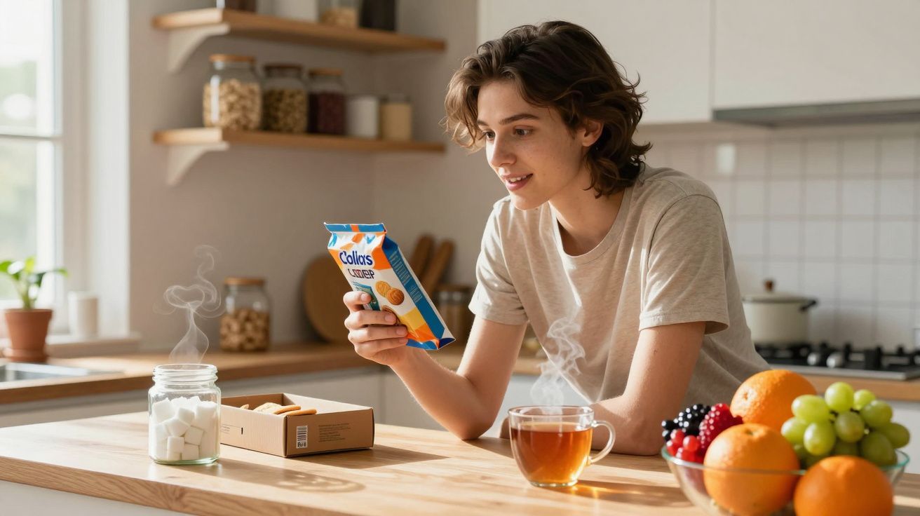 Pessoa jovem a ler embalagem de bolachas numa cozinha com chá quente e frutas na mesa.