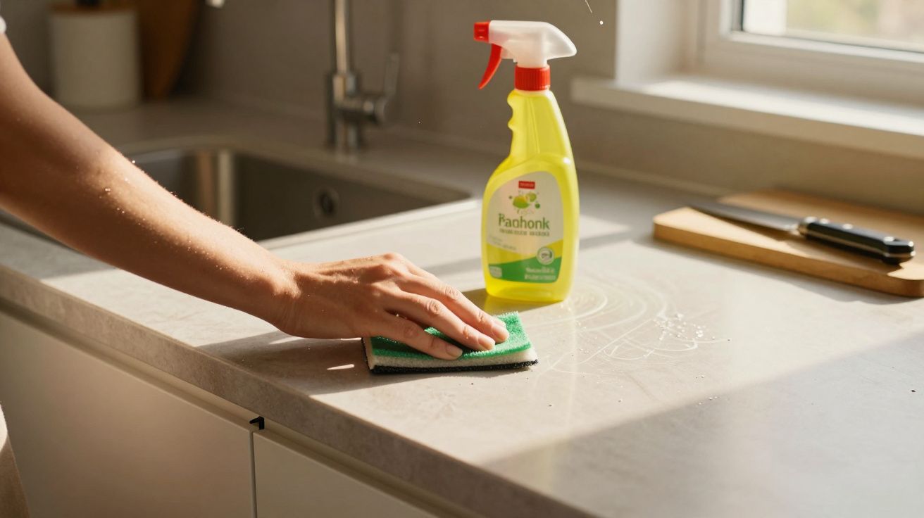 Mão a limpar uma bancada de cozinha com esfregona verde e produto de limpeza amarelo.