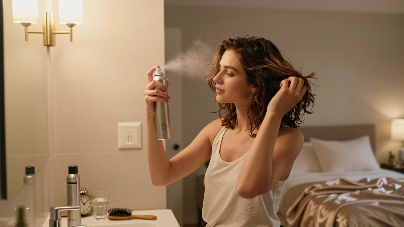 Mulher aplica spray capilar num quarto com cama e luz ambiente suave.