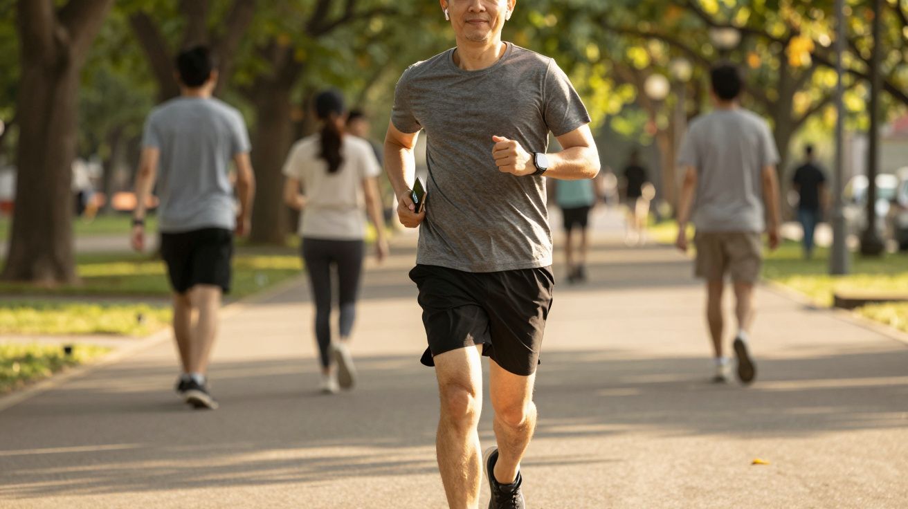 Homem a correr num parque com várias pessoas a caminhar ao fundo em dia soalheiro.