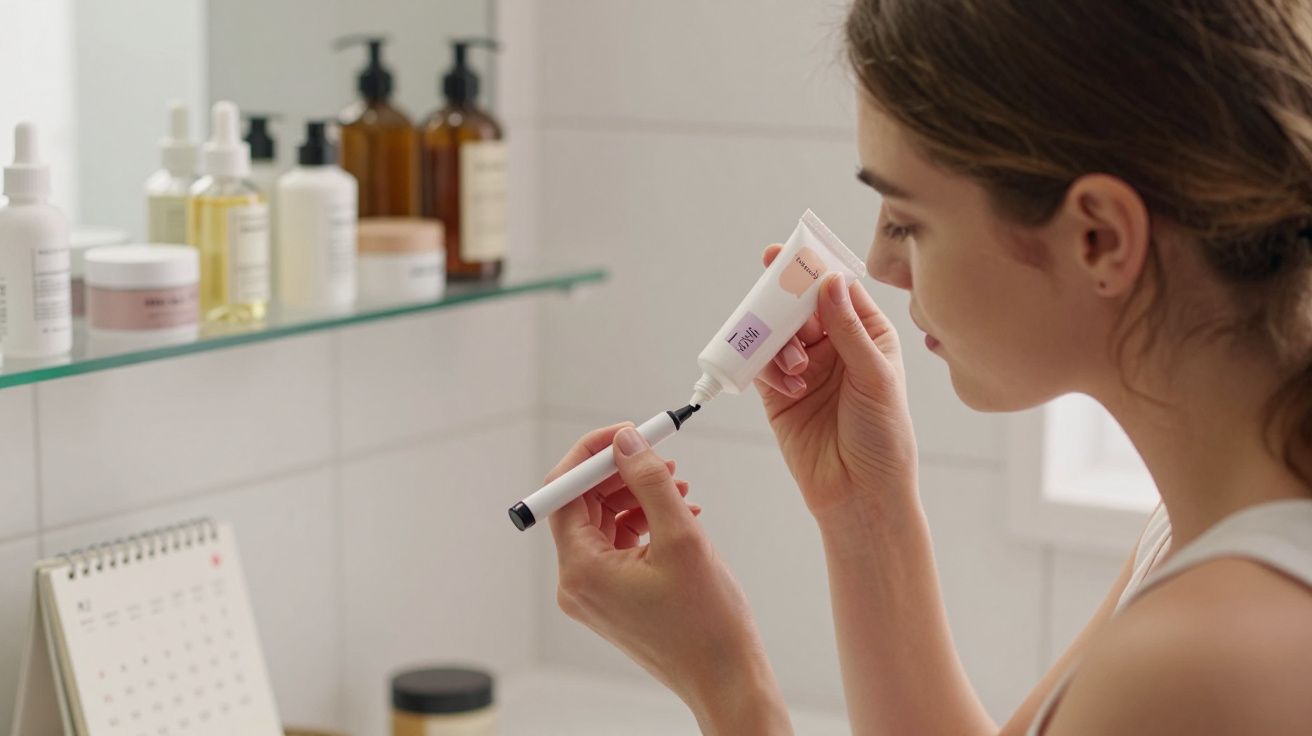 Mulher a aplicar creme num dispositivo branco no interior de uma casa de banho.