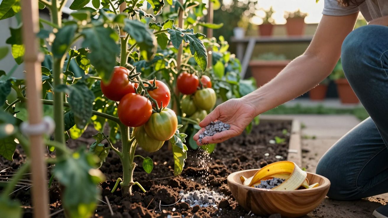 Pessoa a aplicar fertilizante em planta de tomateiros num jardim ensolarado.