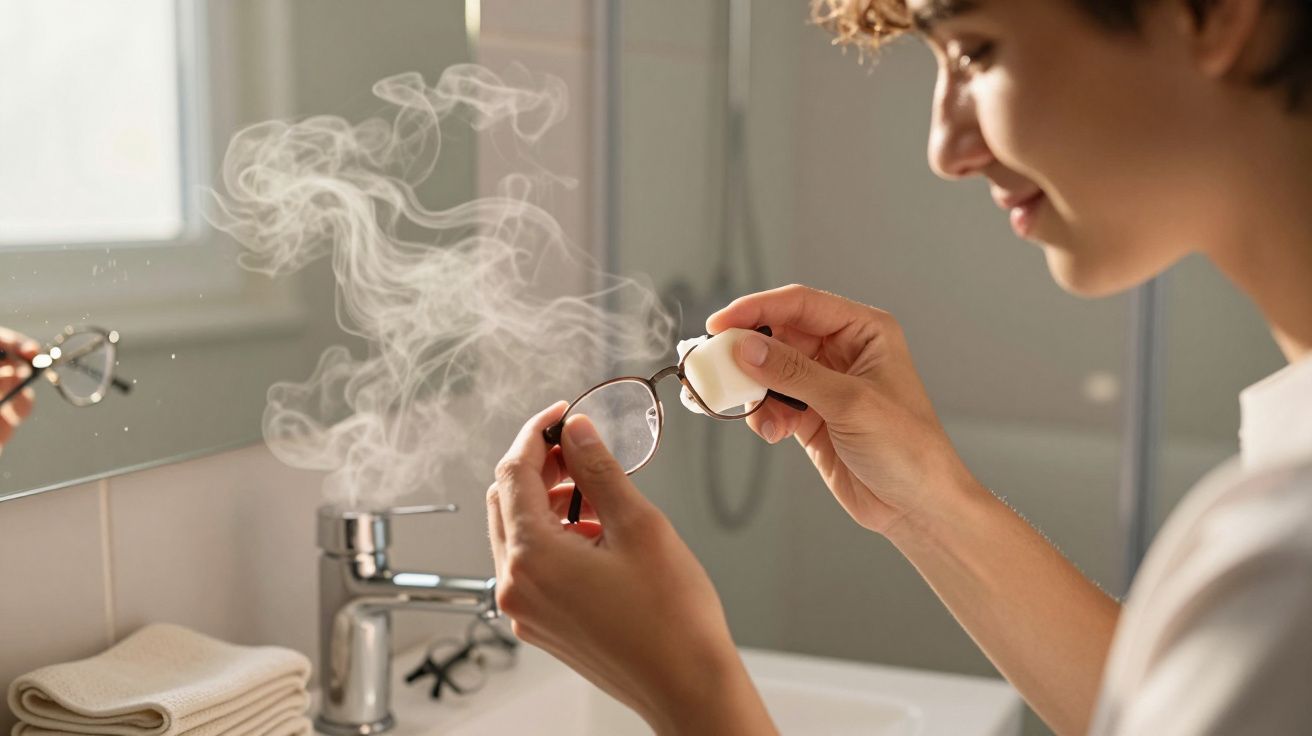 Pessoa a limpar óculos com vapor quente numa casa de banho luminosa.