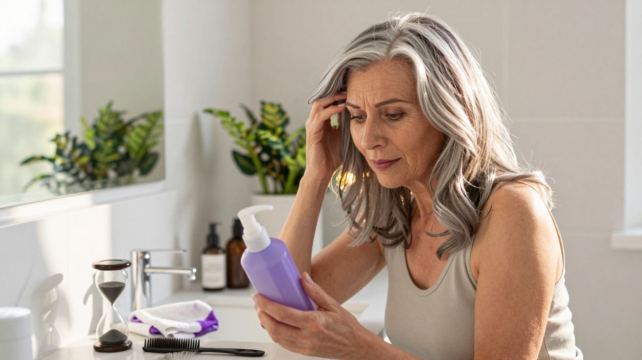 Mulher mais velha com cabelo grisalho a analisar rótulo de frasco num lavabo iluminado.