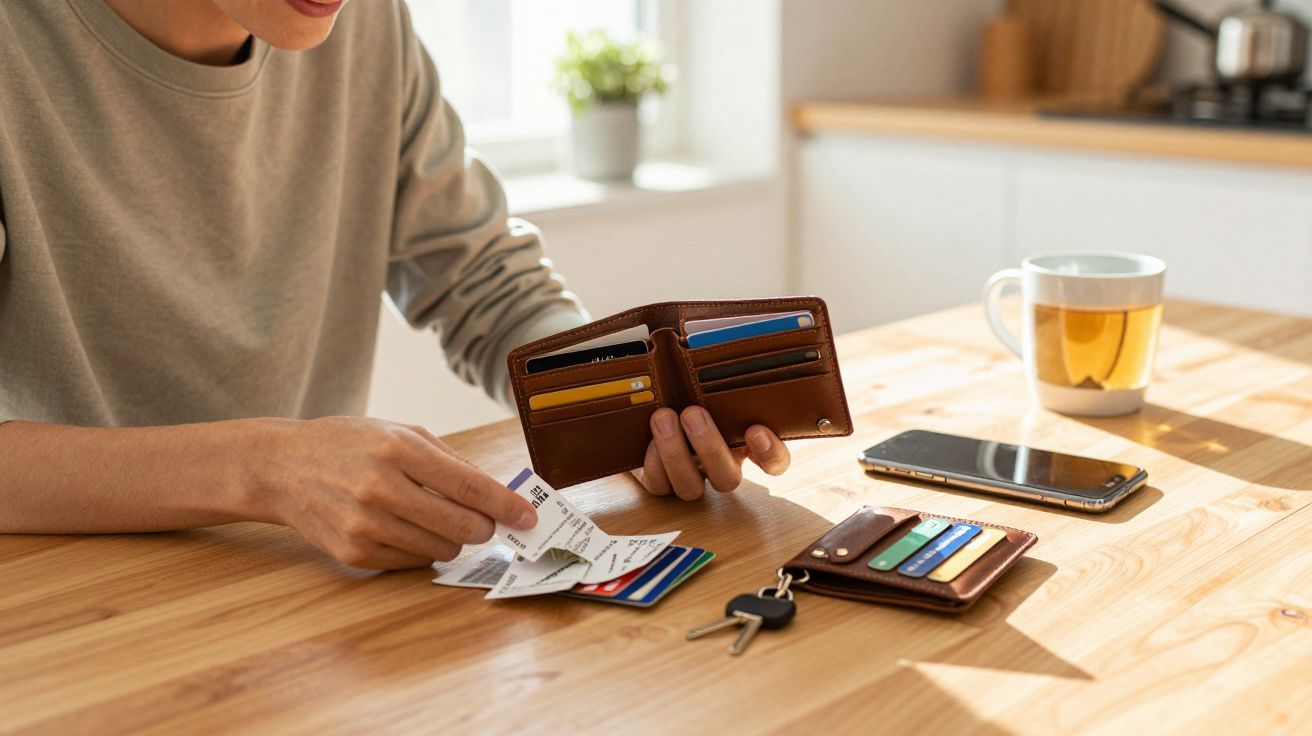 Pessoa a organizar cartões e recibos à mesa de madeira com carteira, telemóvel, chávena e chaves.