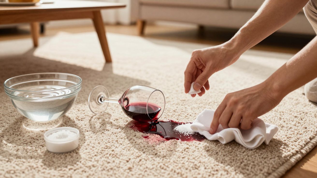 Pessoa a limpar mancha de vinho tinto em tapete com papel e sal, com tigela de água ao lado.