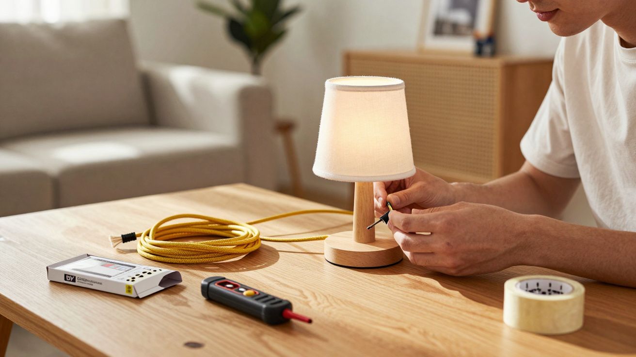 Pessoa a montar uma lâmpada de mesa de madeira numa sala moderna com ferramentas e fita adesiva na mesa.