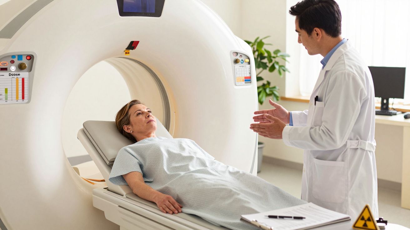 Paciente deitada em aparelho de tomografia, sendo atendida por médico de bata branca.