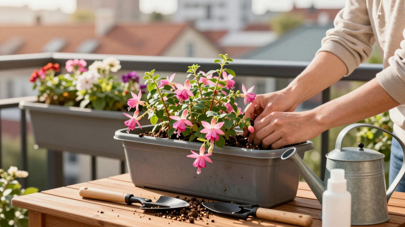 Pessoa a cuidar de plantas com flores cor-de-rosa num vaso, numa varanda com ferramentas de jardinagem.