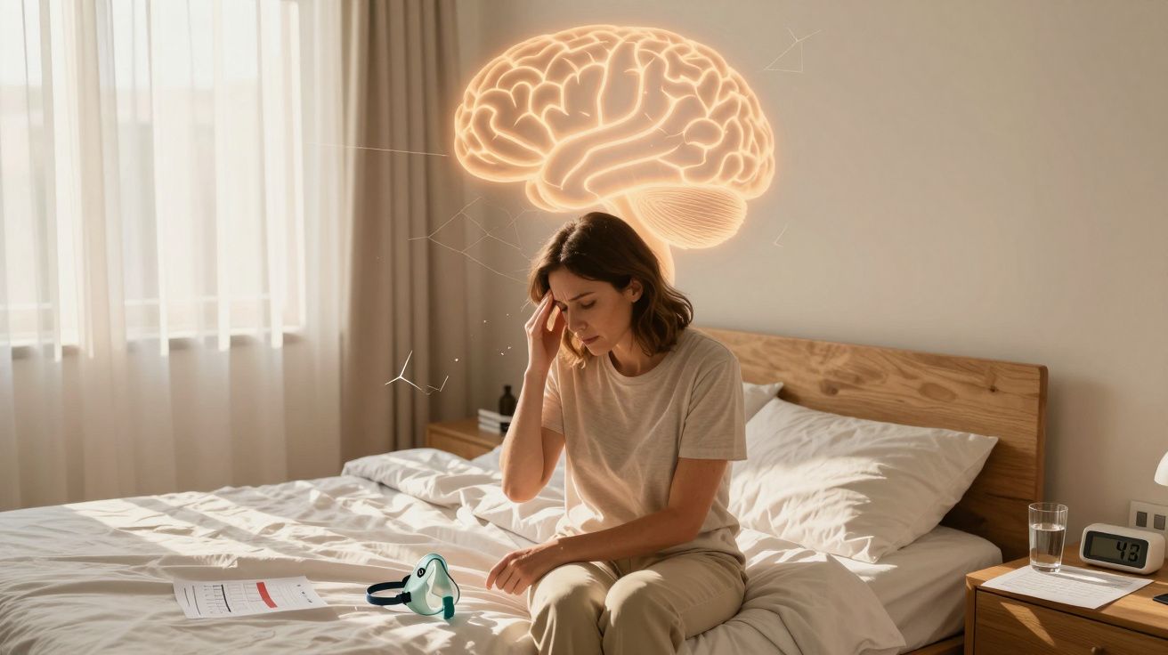 Mulher sentada na cama com expressão de dor de cabeça e ilustração de cérebro a brilhar acima da cabeça.