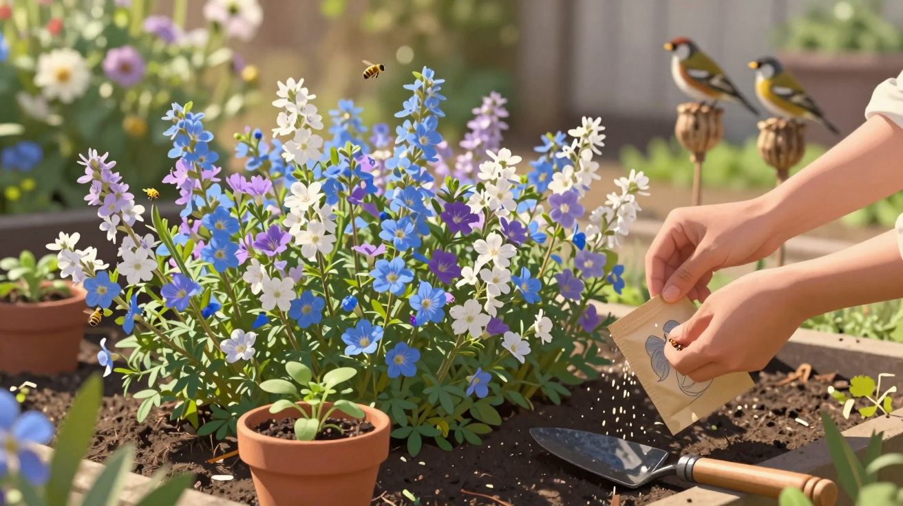 Mãos semeando flores azuis e brancas num jardim com regador e flores em vaso.