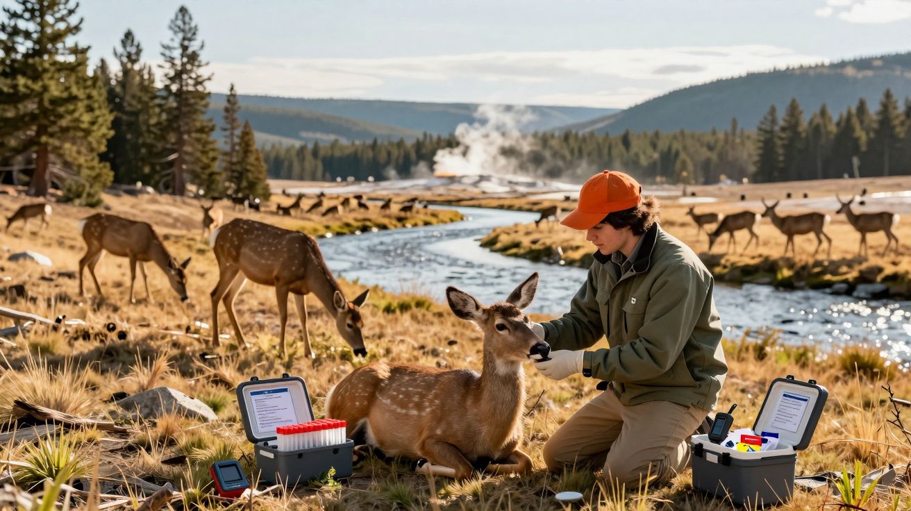 Pessoa com chapéu laranja examina veado próximo a riacho, rodeados por mais veados em campo aberto.