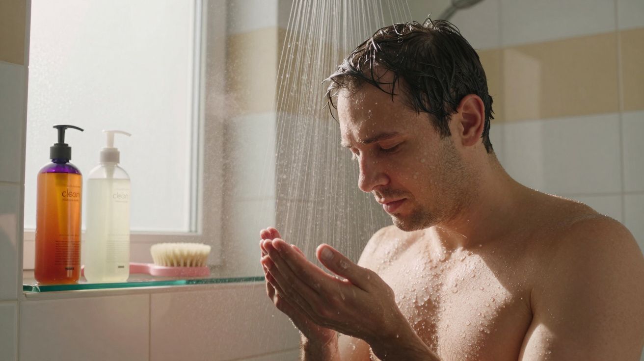 Homem de olhos fechados debaixo do chuveiro com água a correr e mãos juntas em casa de banho moderna.