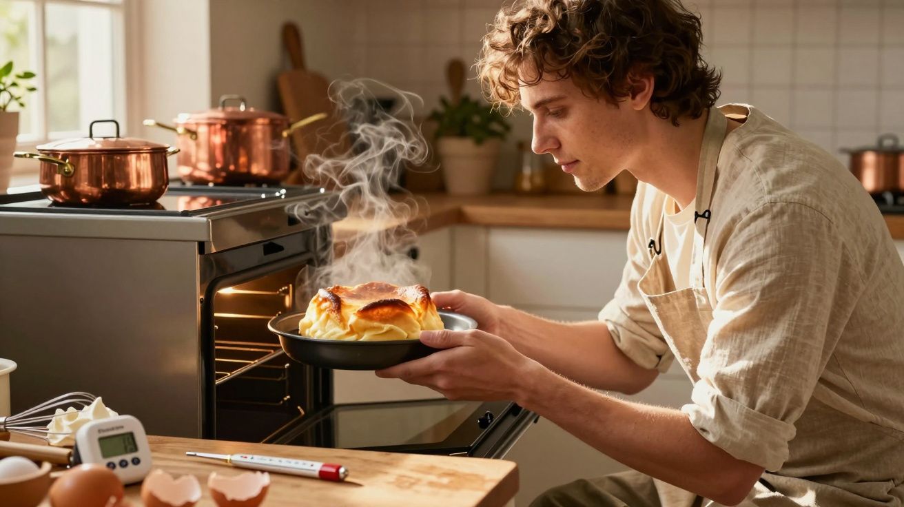 Homem a tirar do forno uma tarte caseira fumegante numa cozinha moderna.