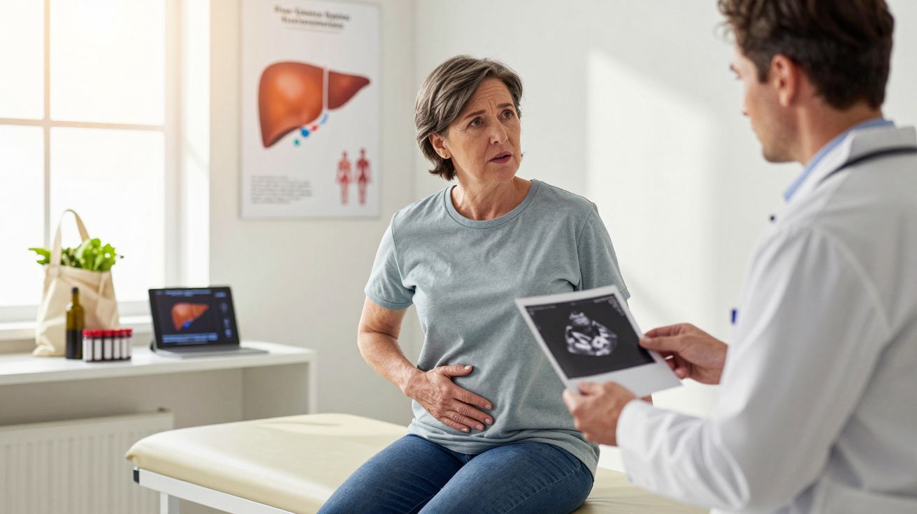 Mulher sentada na clínica a segurar o estômago, conversa com médico que segura radiografia.