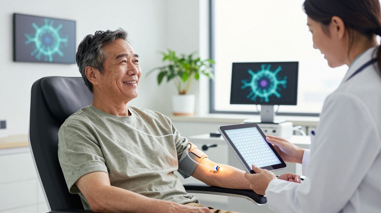 Homem sentado a doar sangue, com enfermeira a verificar dados num tablet na clínica médica.