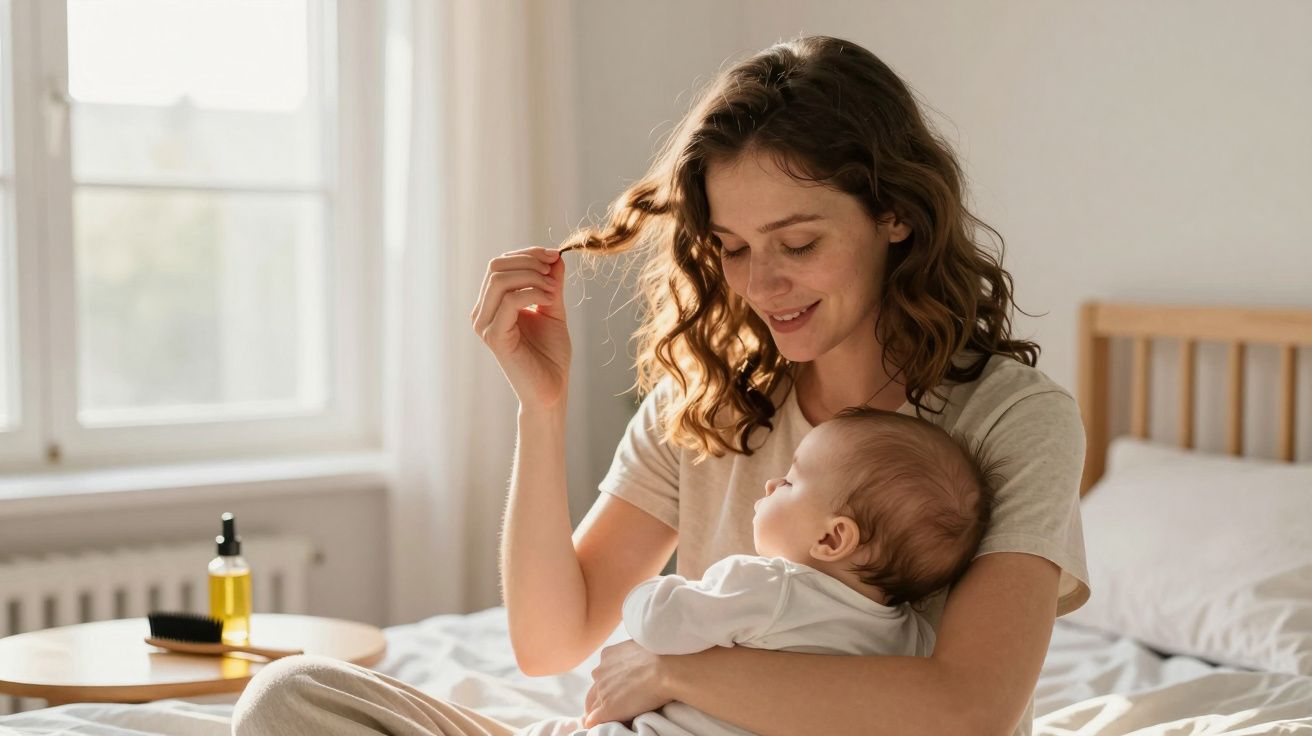 Mulher sentada na cama a sorrir enquanto segura um bebé ao colo num quarto iluminado.