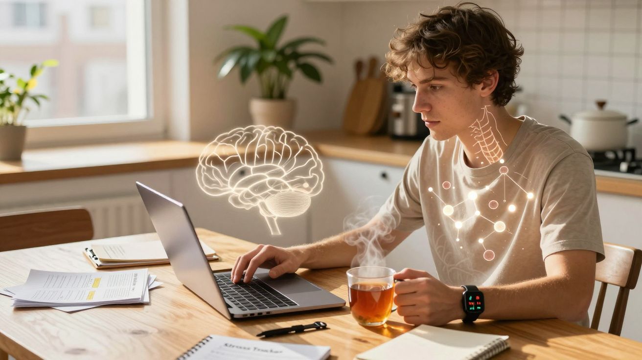 Jovem a estudar com computador portátil, chá e gráficos digitais de cérebro e pescoço numa cozinha iluminada.