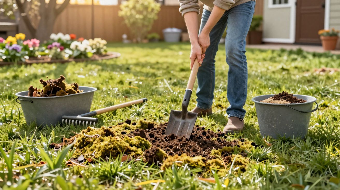 Pessoa a cavar terra num jardim com ancinho e baldes de terra e musgo ao redor.