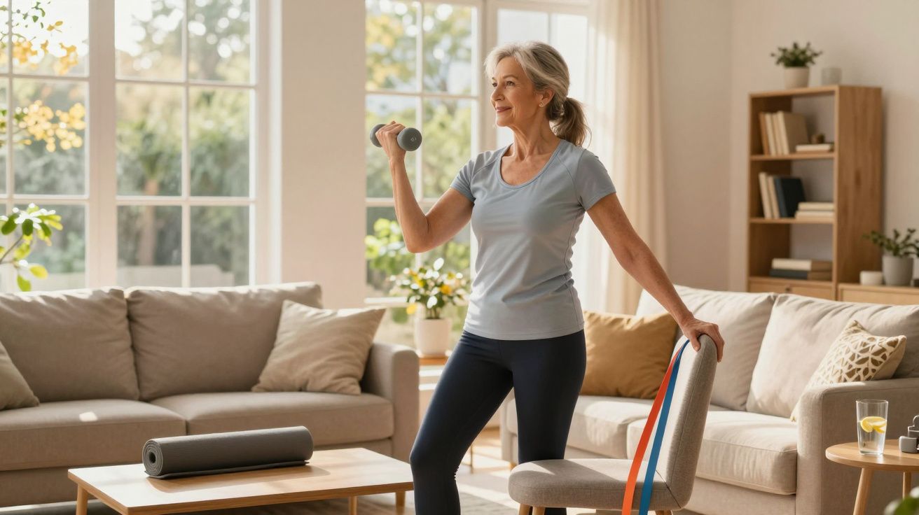 Mulher sénior a fazer exercício com haltere e elásticos num sala de estar luminosa e confortável.