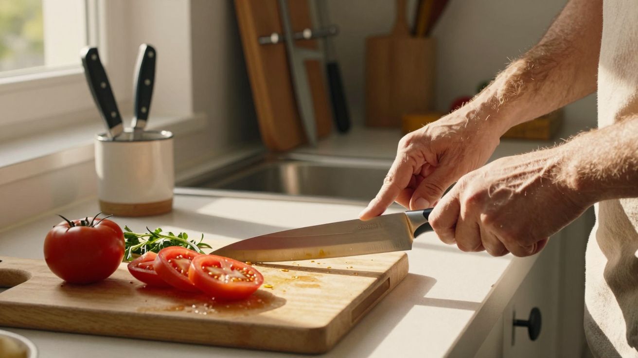 Pessoa a cortar tomate em rodelas numa tábua de cozinha com luz natural na bancada branca.