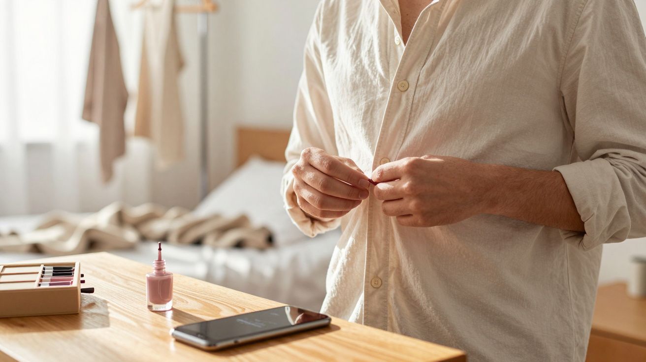 Pessoa a abotoar camisa branca junto a mesa com verniz de unhas rosa e telemóvel.