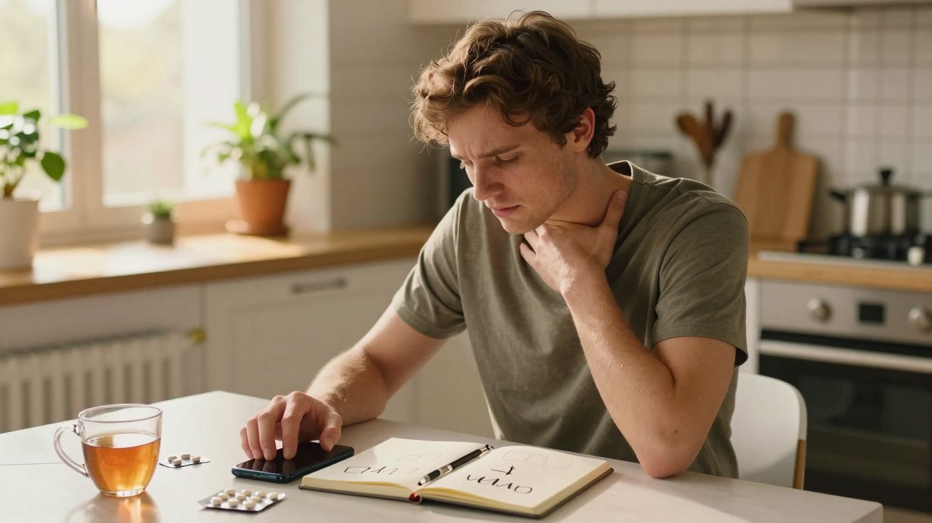 Homem com expressão de dor de garganta sentado à mesa com comprimidos, chá e caderno aberto na cozinha.