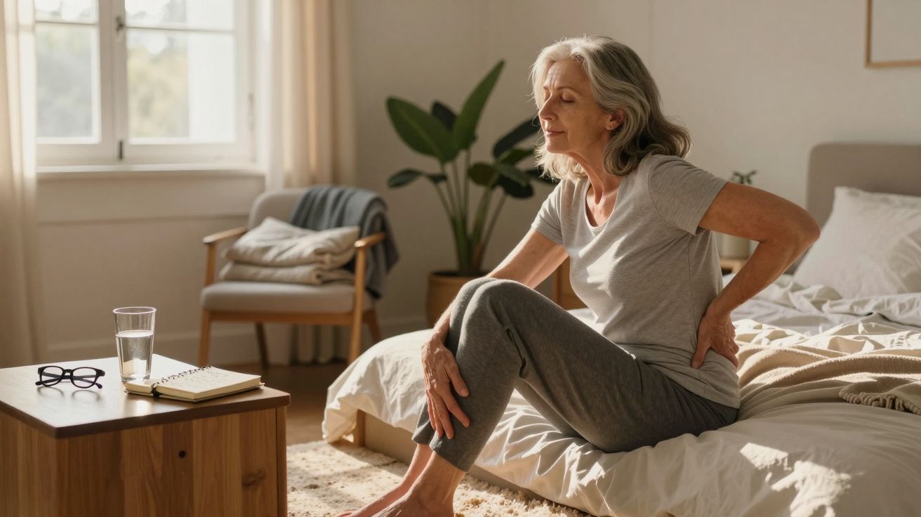 Mulher idosa sentada na cama, com expressão de dor nas costas num quarto iluminado e acolhedor.