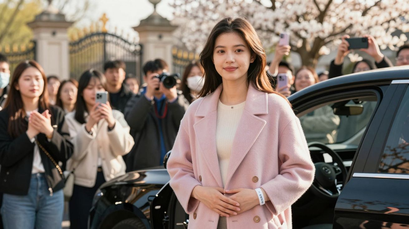 Mulher de casaco cor de rosa posa junto a carro preto enquanto várias pessoas a fotografam e a aplaudem.